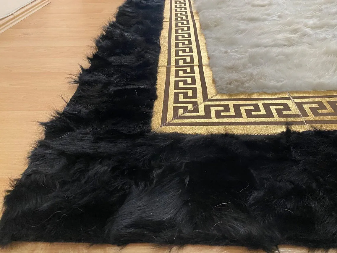 100% Natural Handmade Sheepskin Black Gold And White Living Room Rug