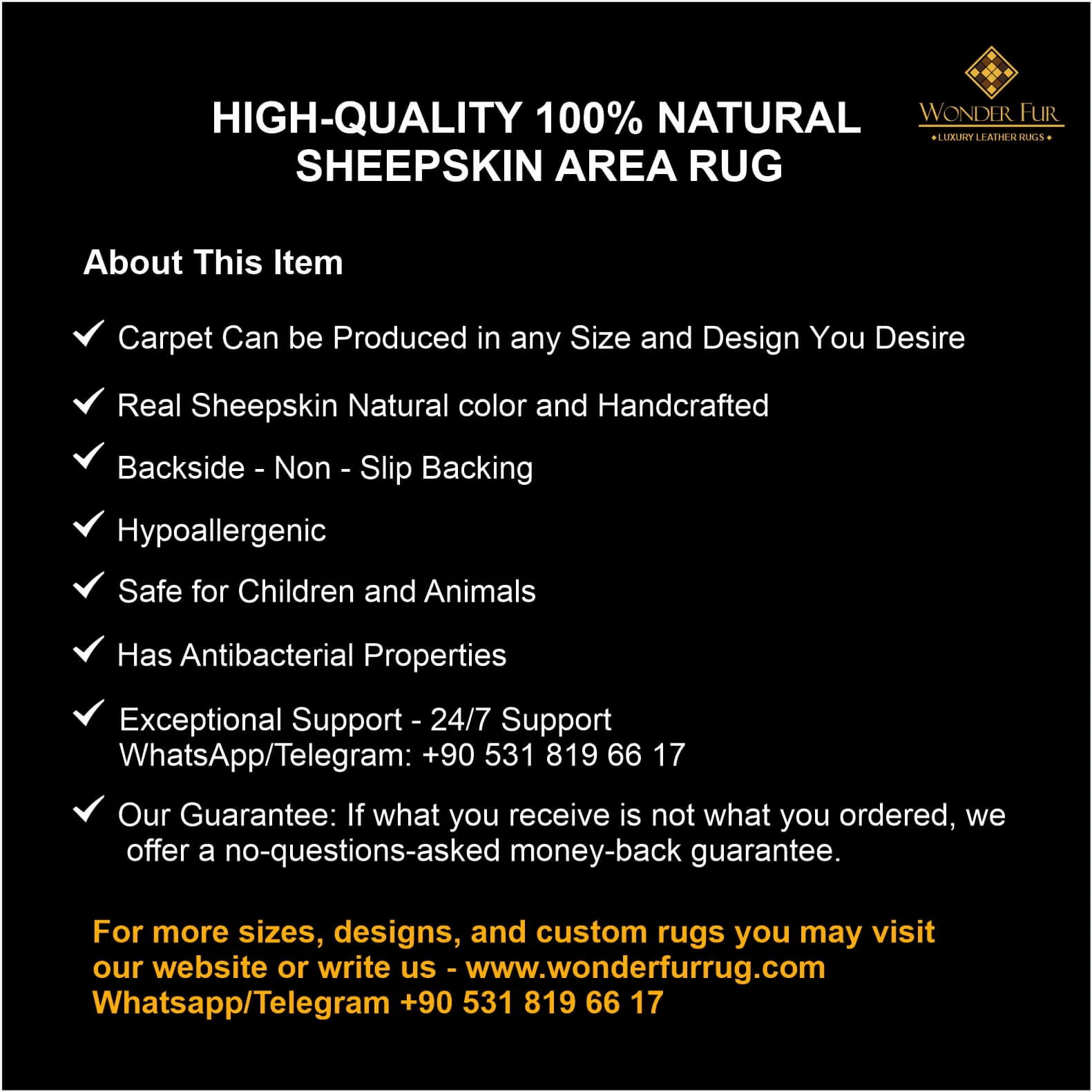 100% Natural Handmade Sheepskin Black Gold And White Living Room Rug