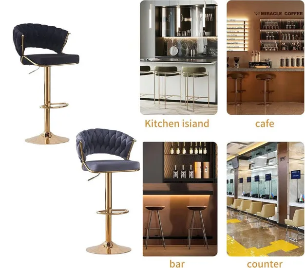 2X Height Beige Velvet Padded Golden Round Base Barstools Chairs