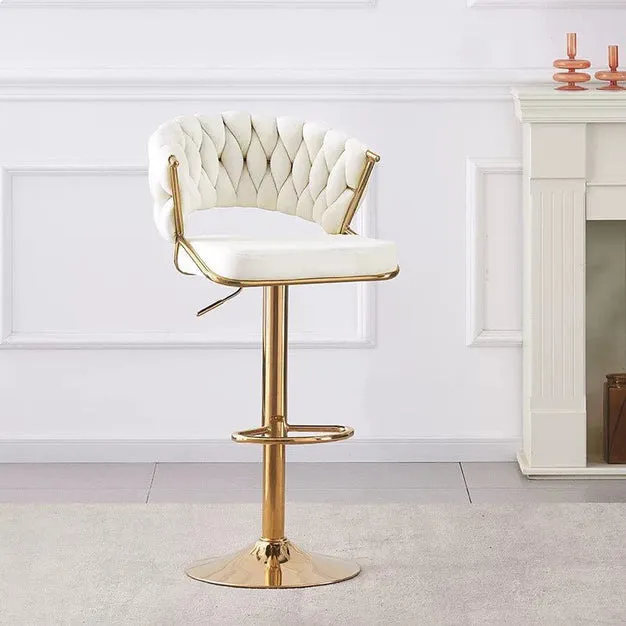 2X Height Beige Velvet Padded Golden Round Base Barstools Chairs