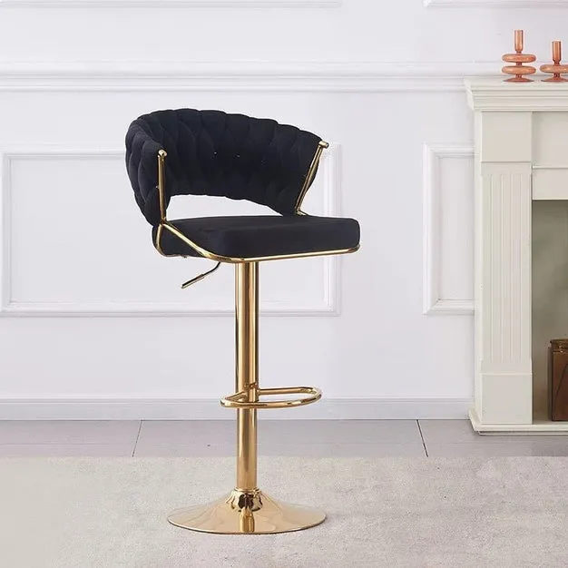 2X Height Black Velvet Padded Golden Round Base Barstools Chairs