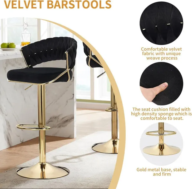 2X Height Black Velvet Padded Golden Round Base Barstools Chairs