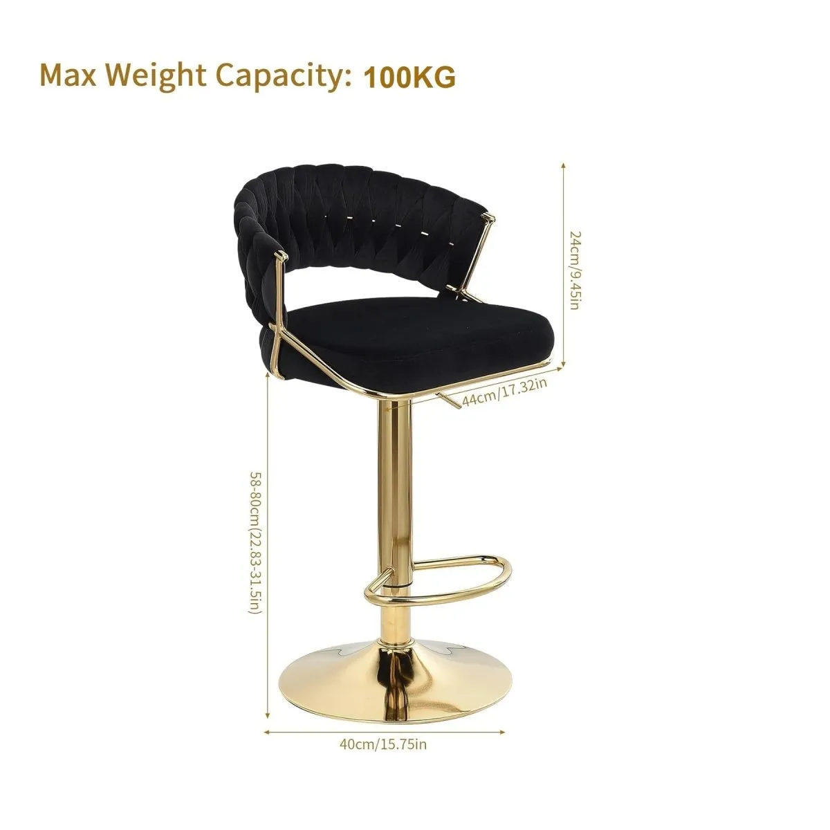 2X Height Green Velvet Padded Golden Round Base Barstools Chairs
