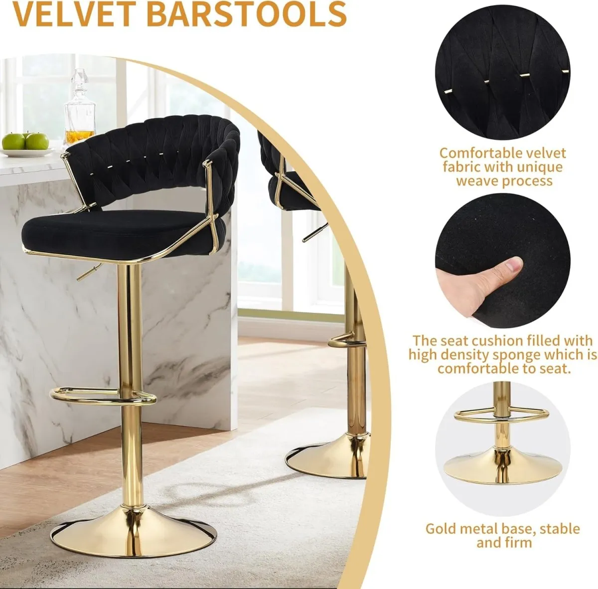 2X Height Green Velvet Padded Golden Round Base Barstools Chairs