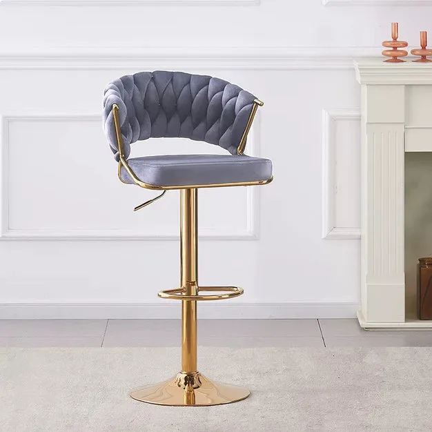 2X Height Grey Velvet Padded Golden Round Base Barstools Chairs