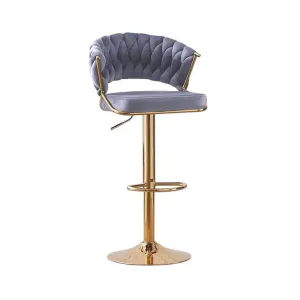 2X Height Grey Velvet Padded Golden Round Base Barstools Chairs