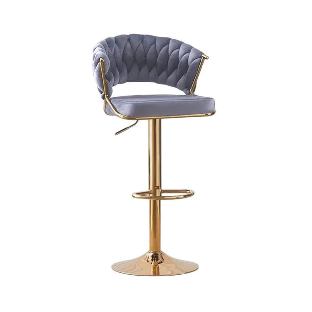 2X Height Grey Velvet Padded Golden Round Base Barstools Chairs