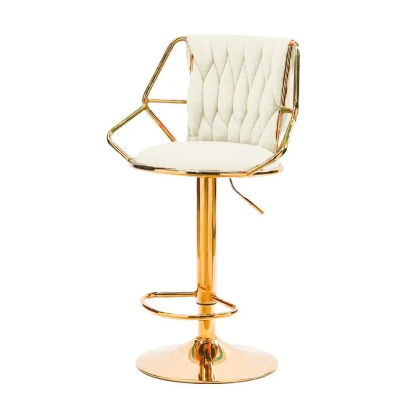 2X Height Velvet Padded Golden Round Base Barstools Chairs | with Backrest and Footrest | Beige