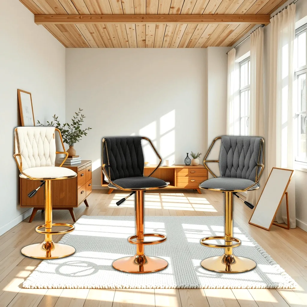 2X Height Velvet Padded Golden Round Base Barstools Chairs | with Backrest and Footrest | Beige