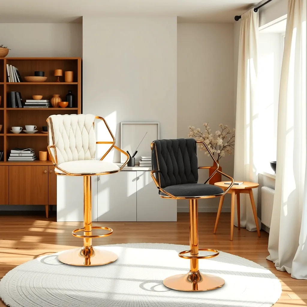 2X Height Velvet Padded Golden Round Base Barstools Chairs | with Backrest and Footrest | Beige