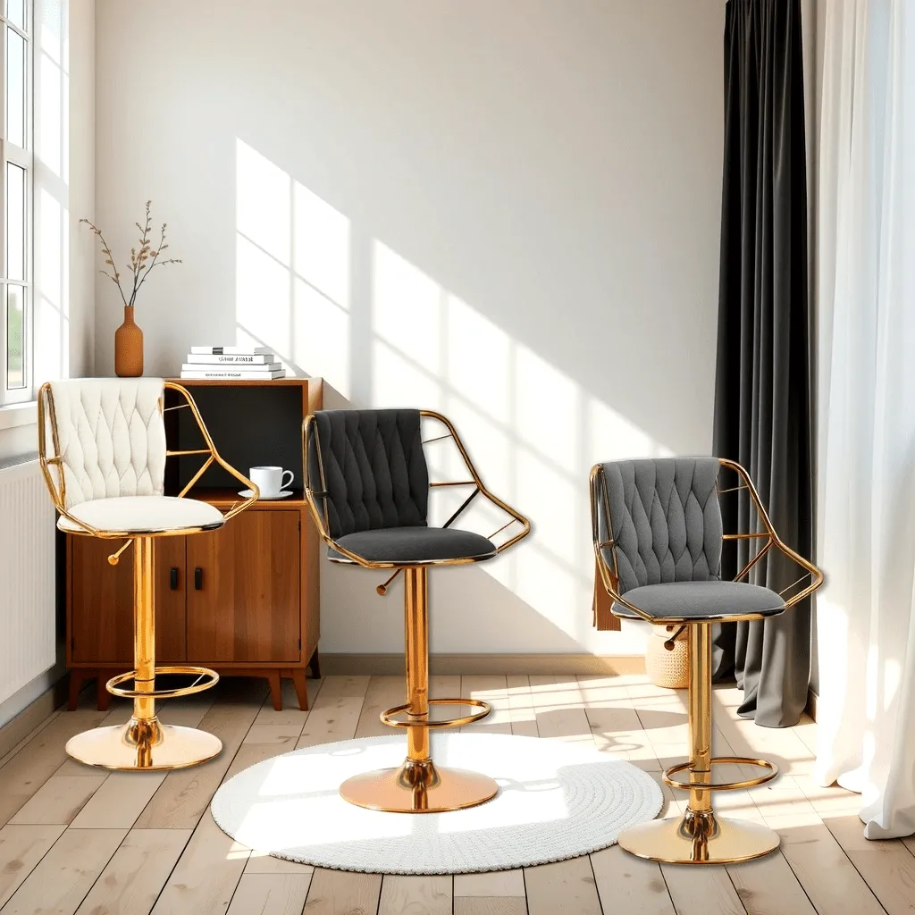 2x Height Velvet Padded Golden Round Base Barstools | Chairs with Backrest and Footrest | Grey