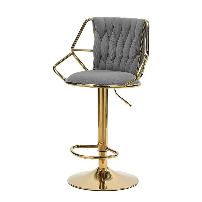 2x Height Velvet Padded Golden Round Base Barstools | Chairs with Backrest and Footrest | Grey