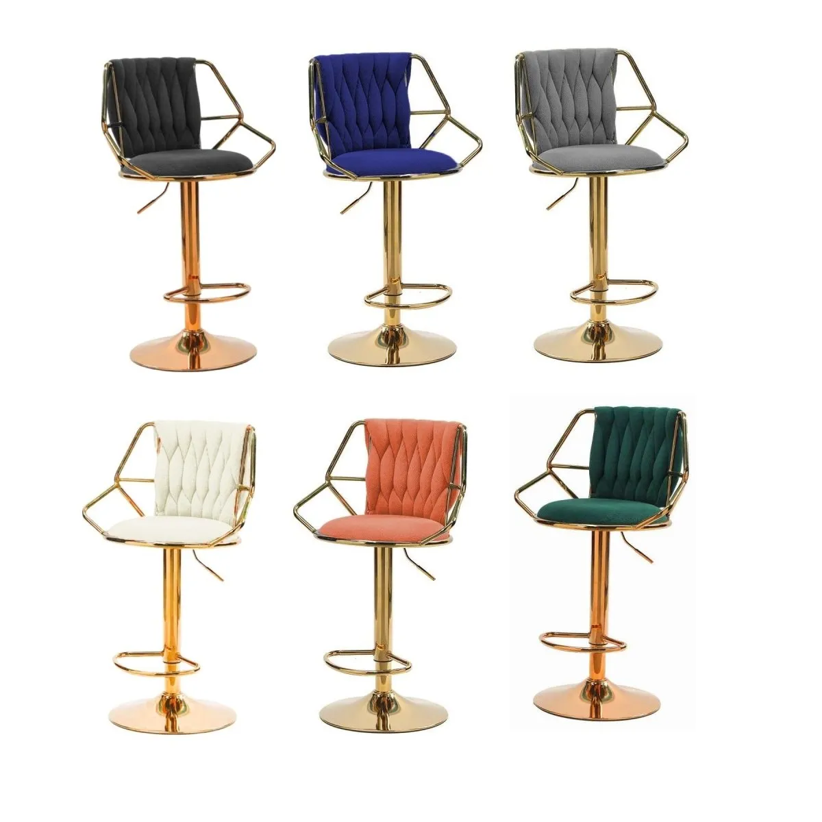 2x Height Velvet Padded Golden Round Base Barstools | Chairs with Backrest and Footrest | Grey