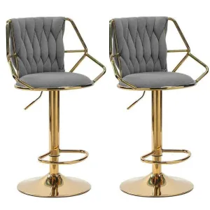 2x Height Velvet Padded Golden Round Base Barstools | Chairs with Backrest and Footrest | Grey