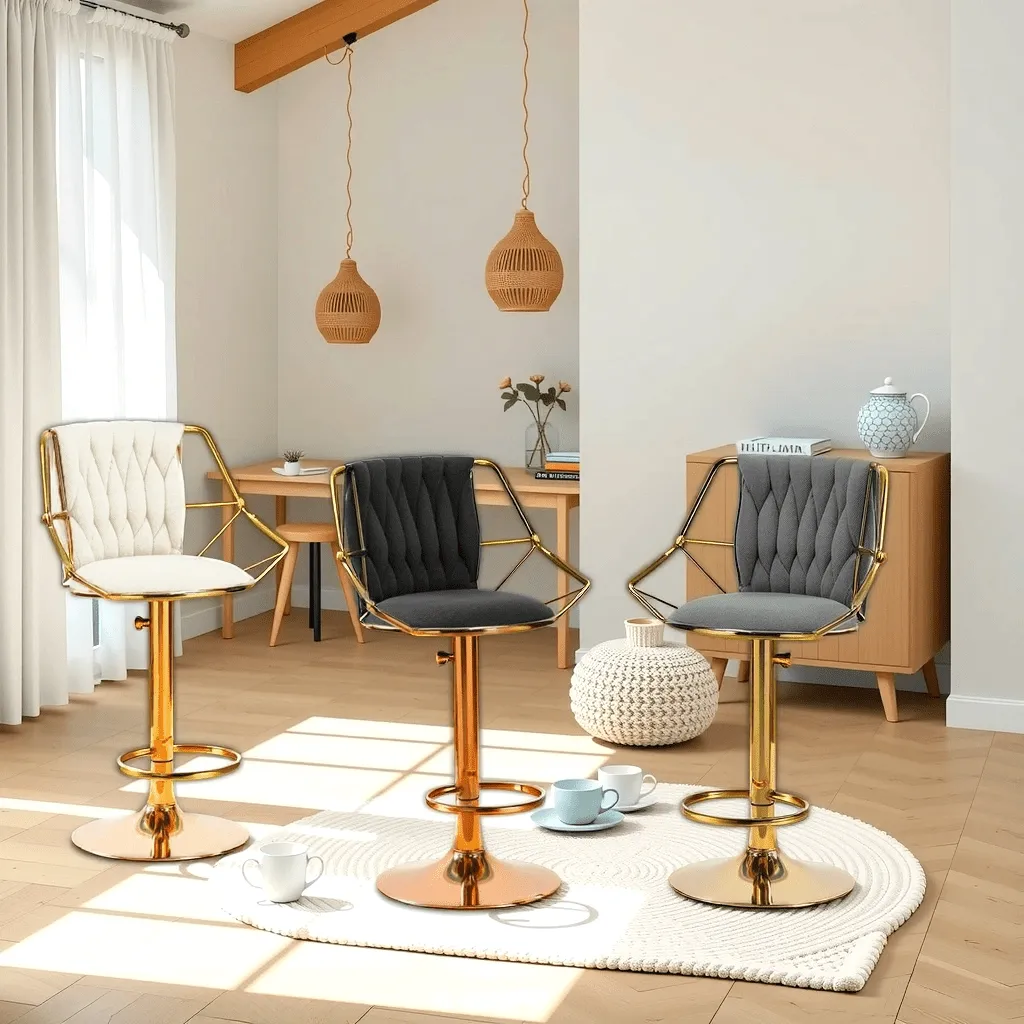 2x Height Velvet Padded Golden Round Base Barstools | Chairs with Backrest and Footrest | Grey