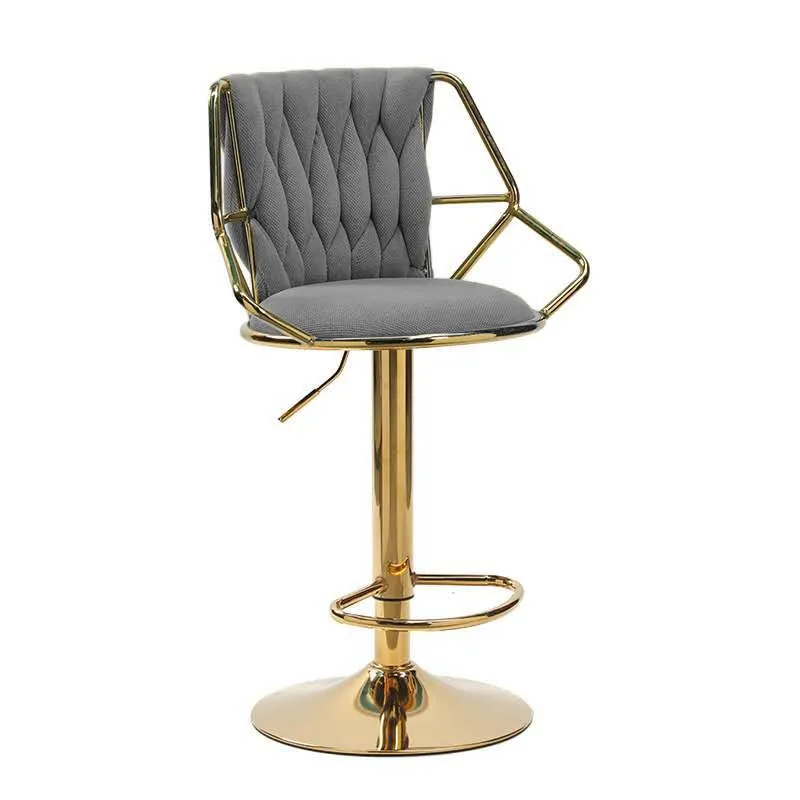 2x Height Velvet Padded Golden Round Base Barstools | Chairs with Backrest and Footrest | Grey