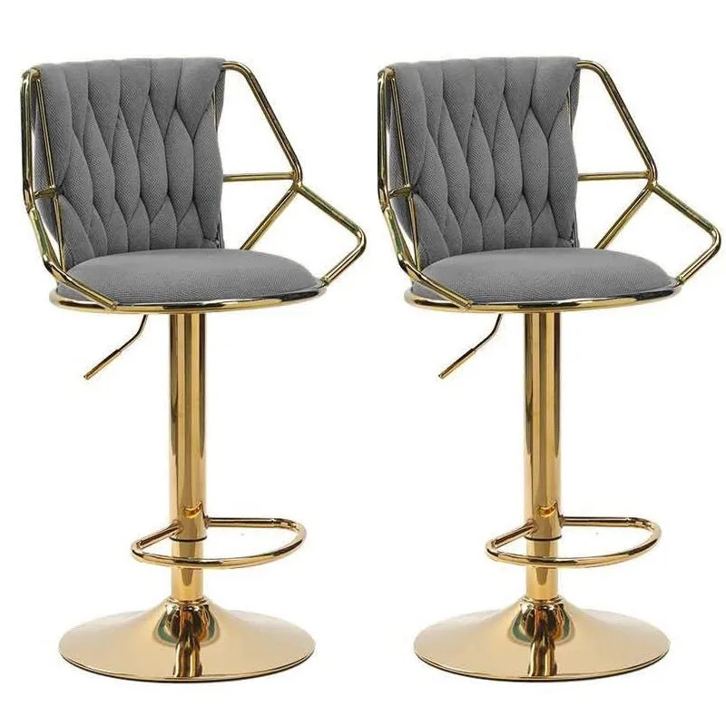 2x Height Velvet Padded Golden Round Base Barstools | Chairs with Backrest and Footrest | Grey