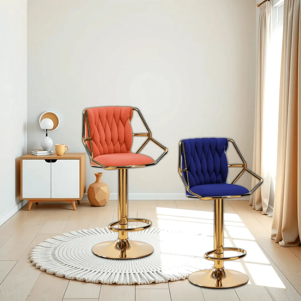 2X Height Velvet Padded Golden Round Base Barstools Chairs | with Backrest and Footrest | Orange