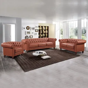 3 2 1 Seater Brown Sofa Lounge Chesterfireld Style Button Tufted in Faux Leather