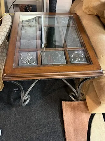 3 piece - metal/ wood/ glass top coffee table and end tables