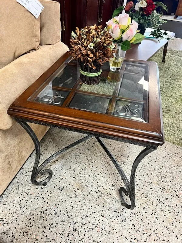 3 piece - metal/ wood/ glass top coffee table and end tables