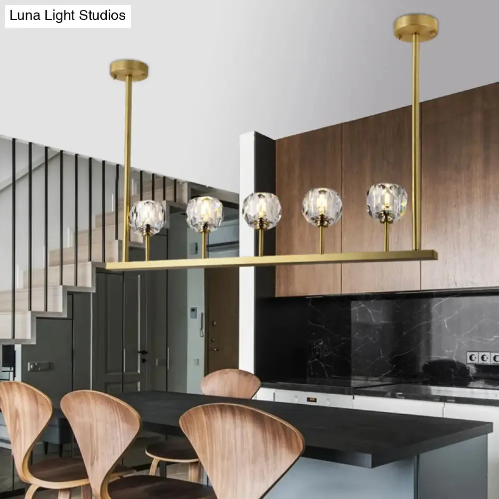 5-Head Linear Crystal Ball Pendant Light in Gold - Elegant Dining Room Ceiling Fixture