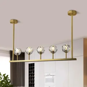 5-Head Linear Crystal Ball Pendant Light in Gold - Elegant Dining Room Ceiling Fixture