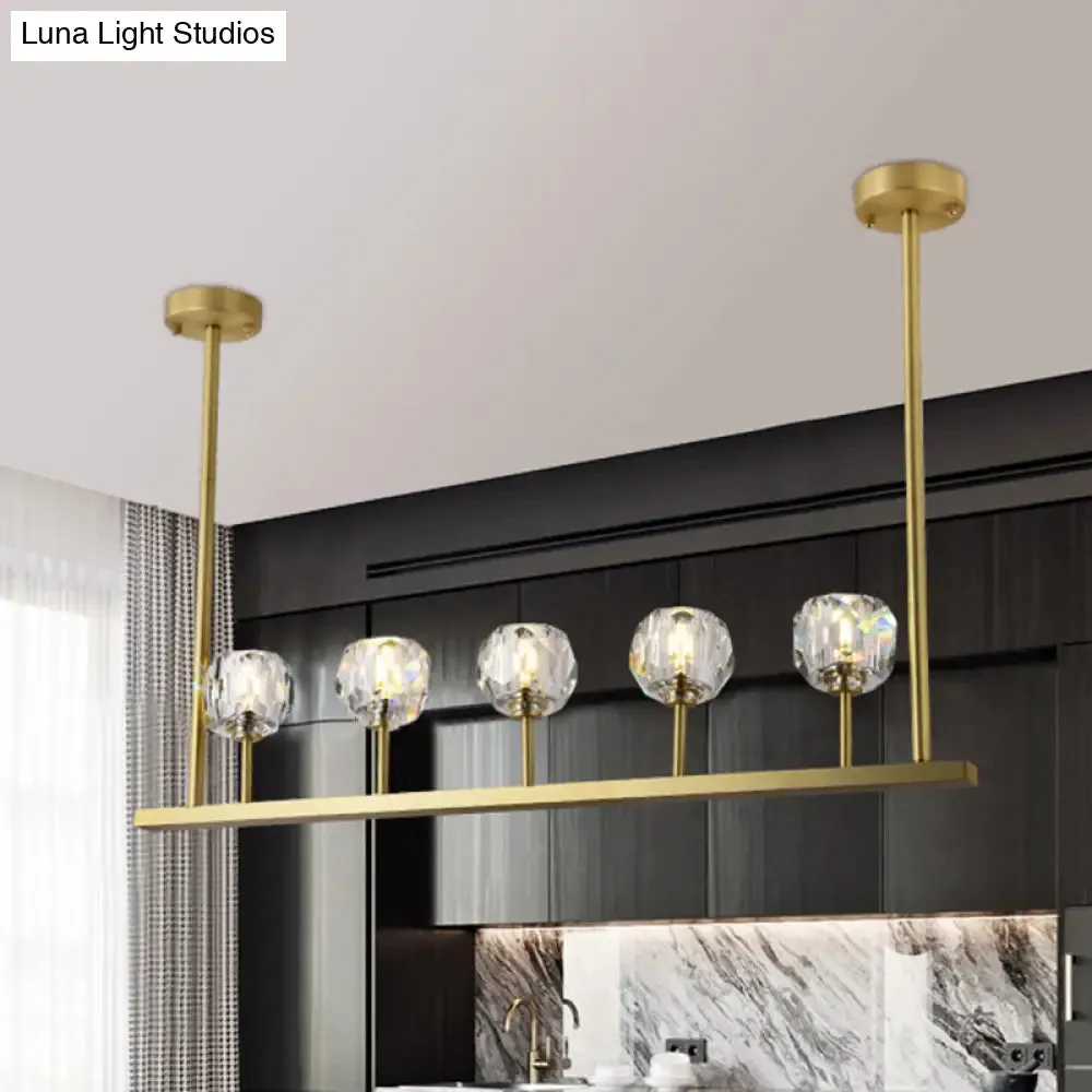 5-Head Linear Crystal Ball Pendant Light in Gold - Elegant Dining Room Ceiling Fixture