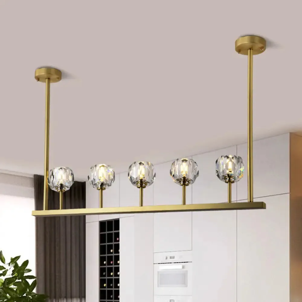 5-Head Linear Crystal Ball Pendant Light in Gold - Elegant Dining Room Ceiling Fixture