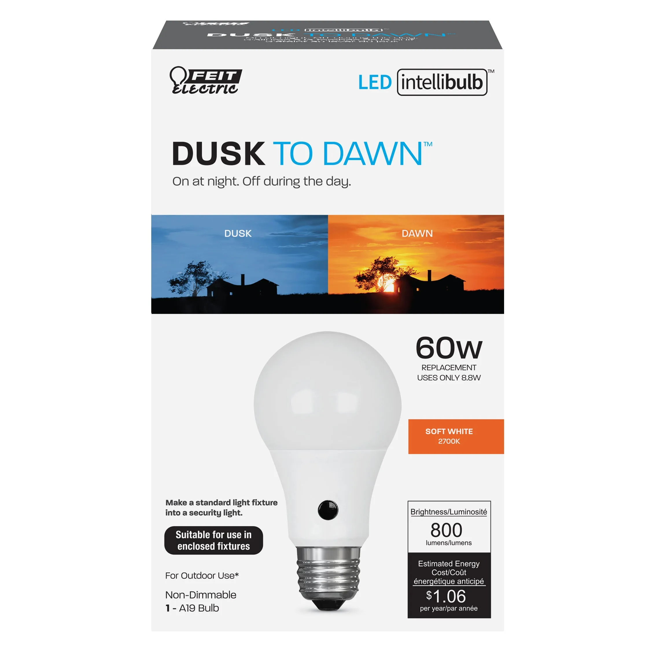 A19 LED Light Bulbs, 60W, Soft White Dusk-to-Dawn LED,
