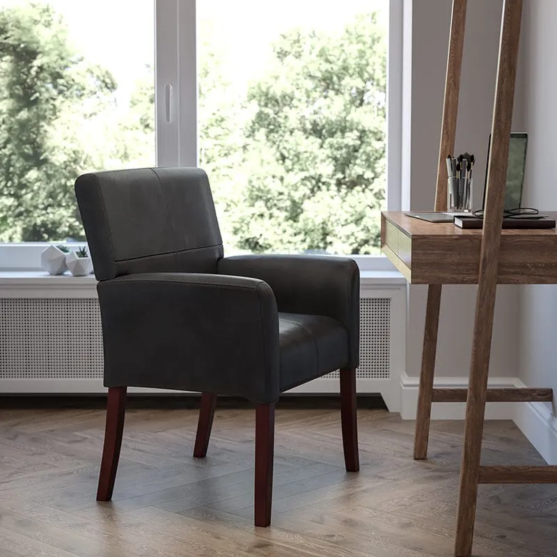 Black LeatherSoft Executive Side Reception Chair with Mahogany Legs - BT-353-BK-LEA-GG