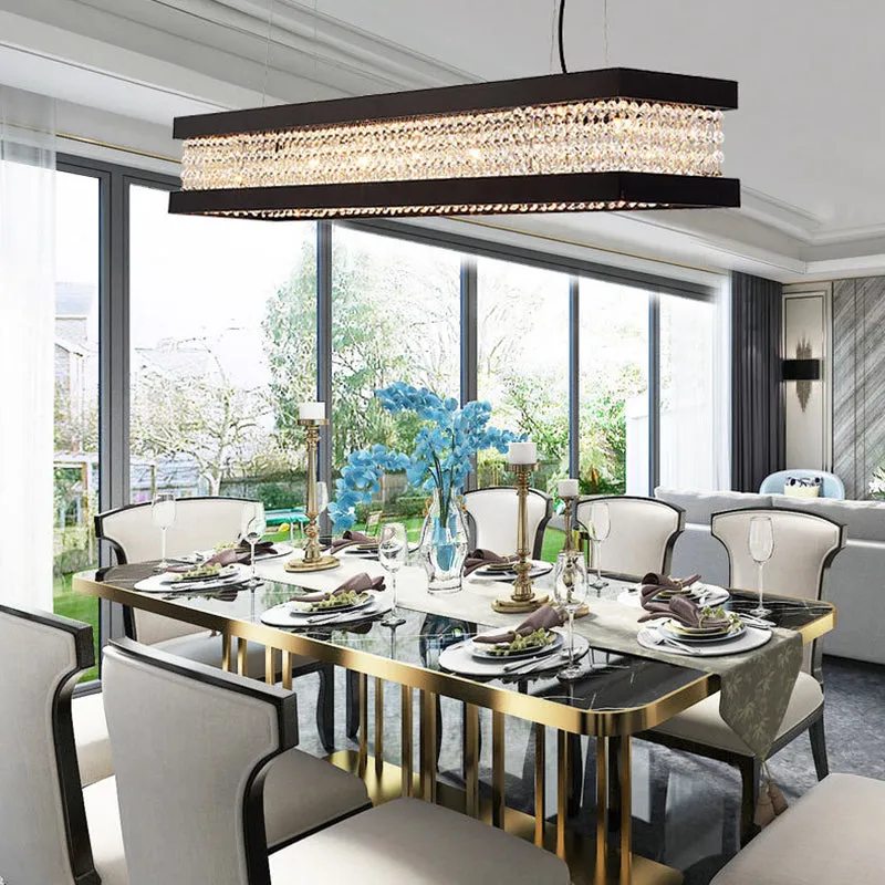 Contemporary Black/Gold Crystal Island Pendant Lighting - Rectangle Shape, 6/7/9 Lights
