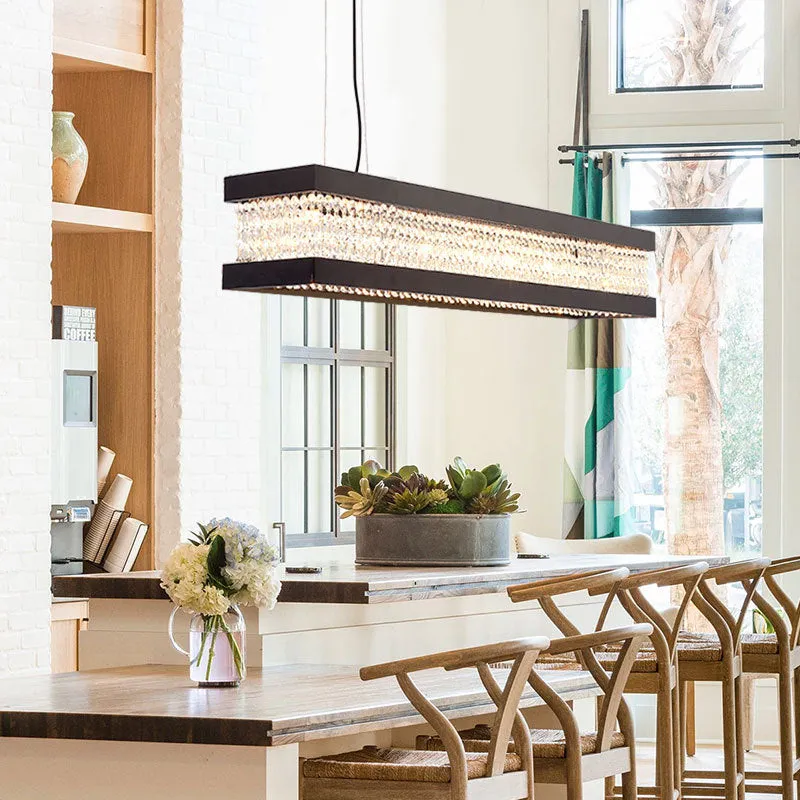 Contemporary Black/Gold Crystal Island Pendant Lighting - Rectangle Shape, 6/7/9 Lights