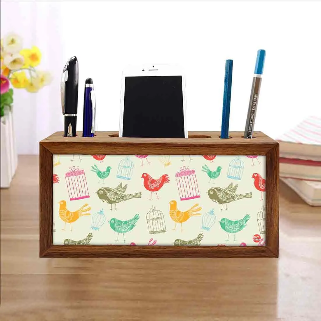 Designer Phone Stand Pen Holder Desk Organizer-Vintage Cages & Birds
