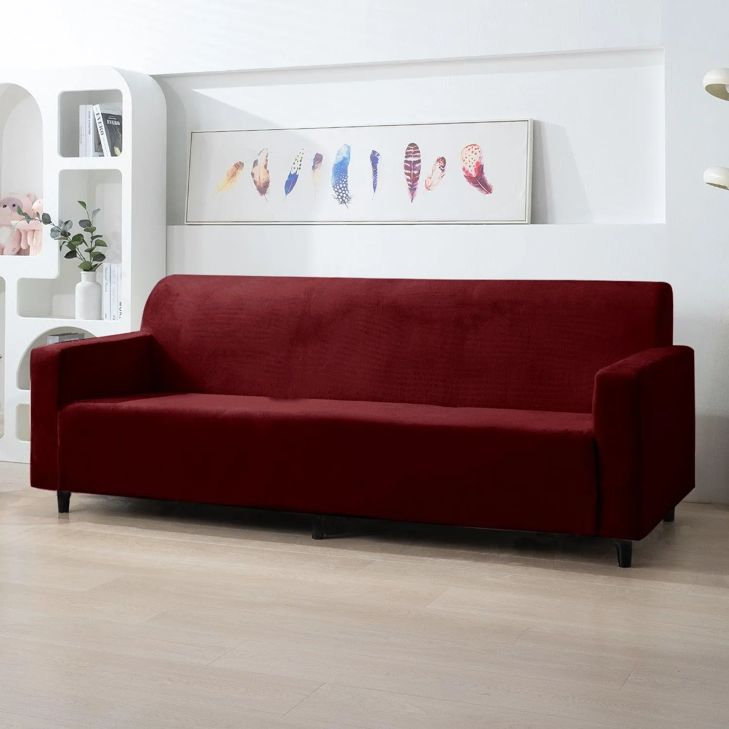 Elastic Stretchable Premium Velvet Sofa Cover, Burgundy