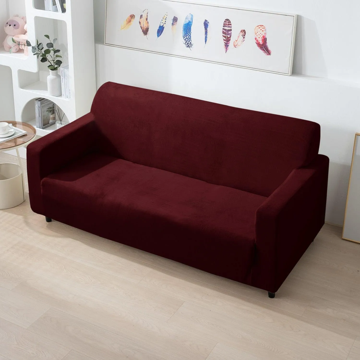 Elastic Stretchable Premium Velvet Sofa Cover, Burgundy