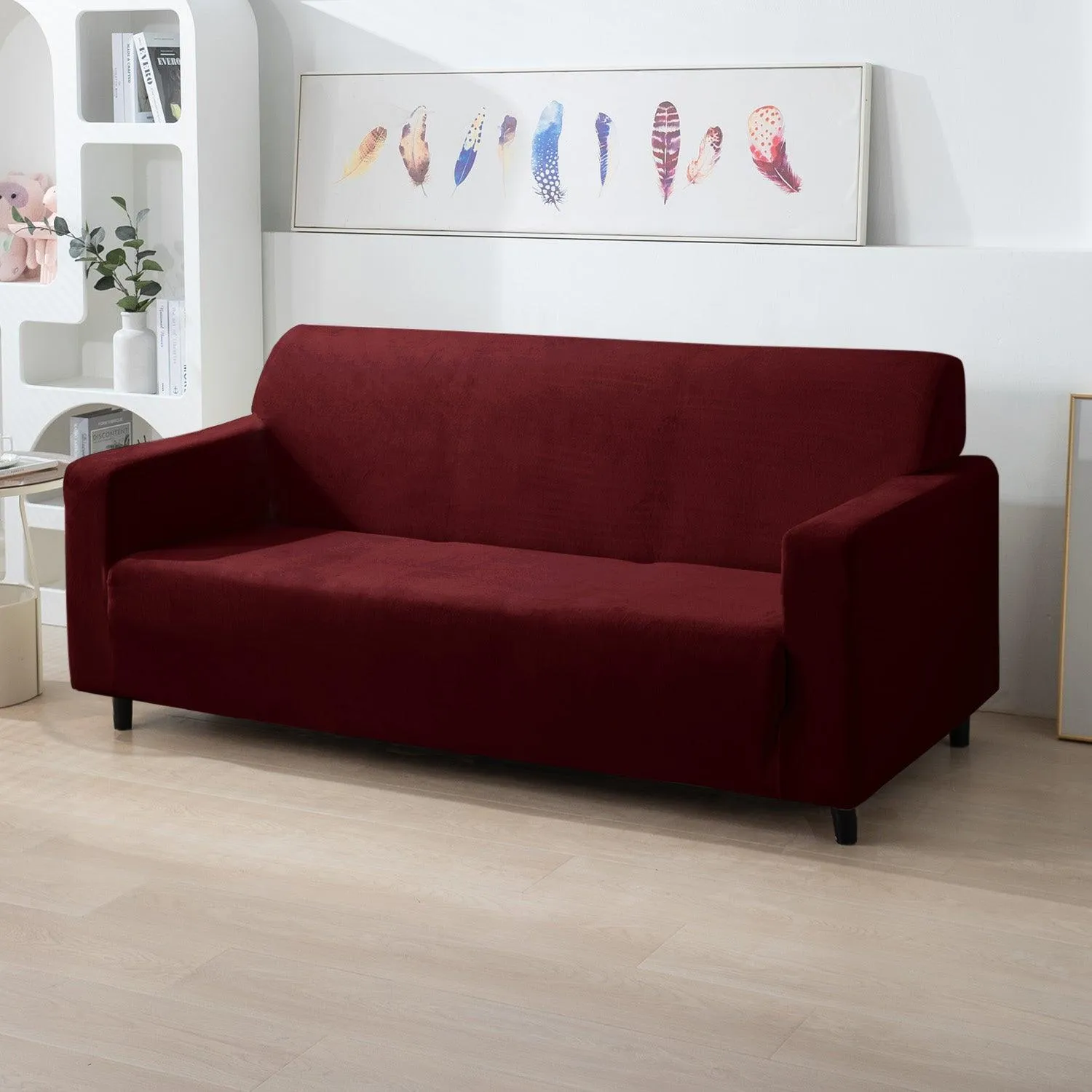 Elastic Stretchable Premium Velvet Sofa Cover, Burgundy
