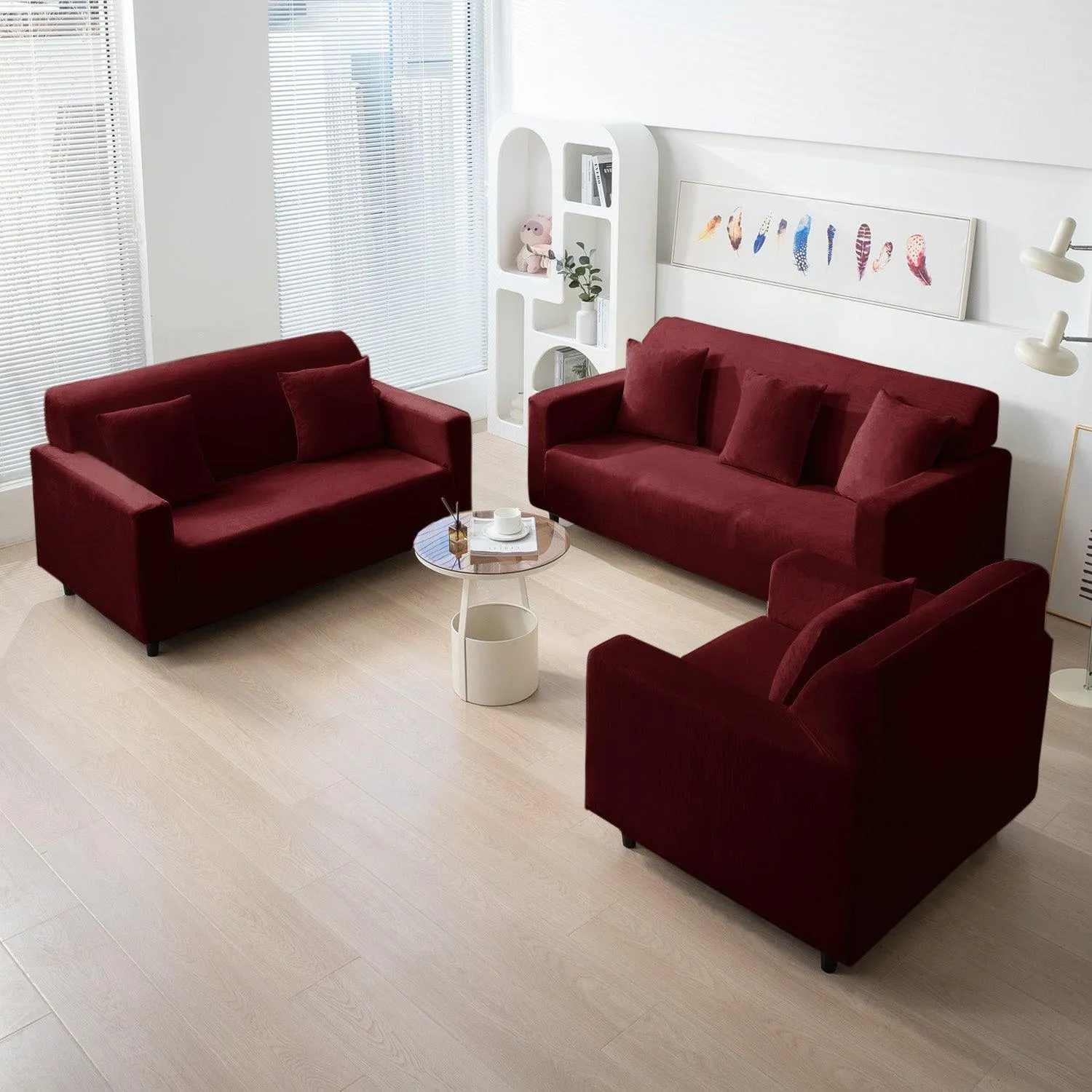 Elastic Stretchable Premium Velvet Sofa Cover, Burgundy