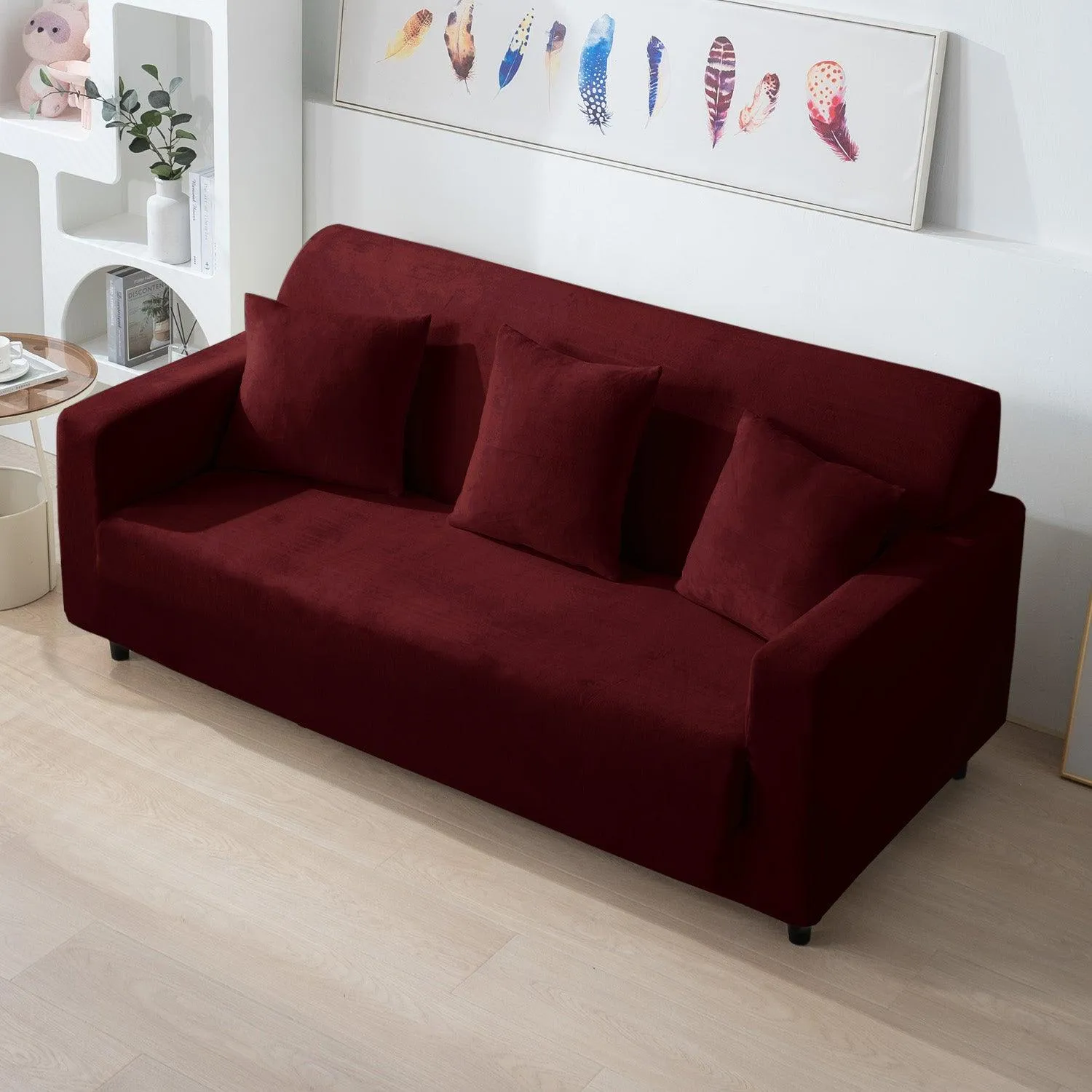 Elastic Stretchable Premium Velvet Sofa Cover, Burgundy