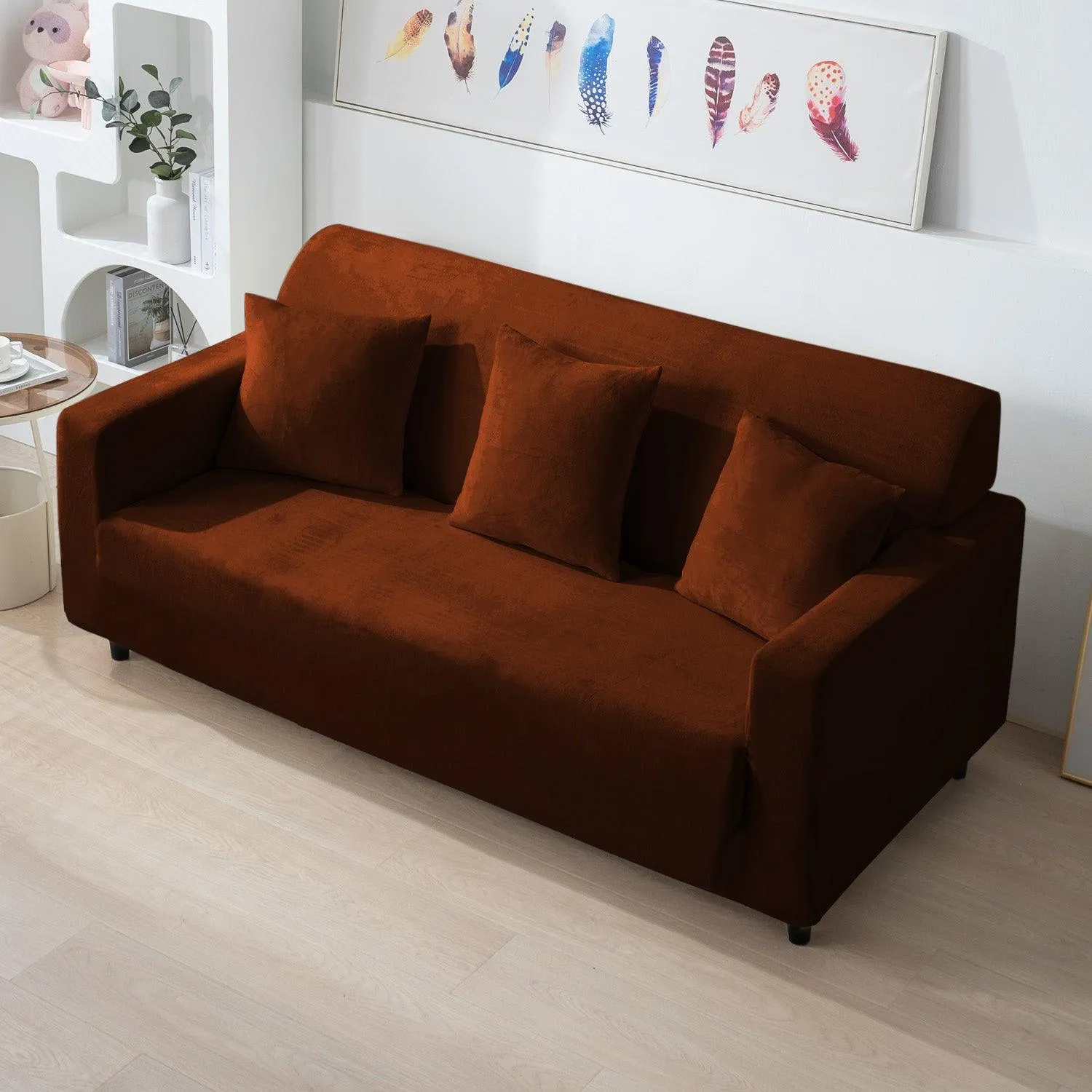 Elastic Stretchable Premium Velvet Sofa Cover, Rustic Brown