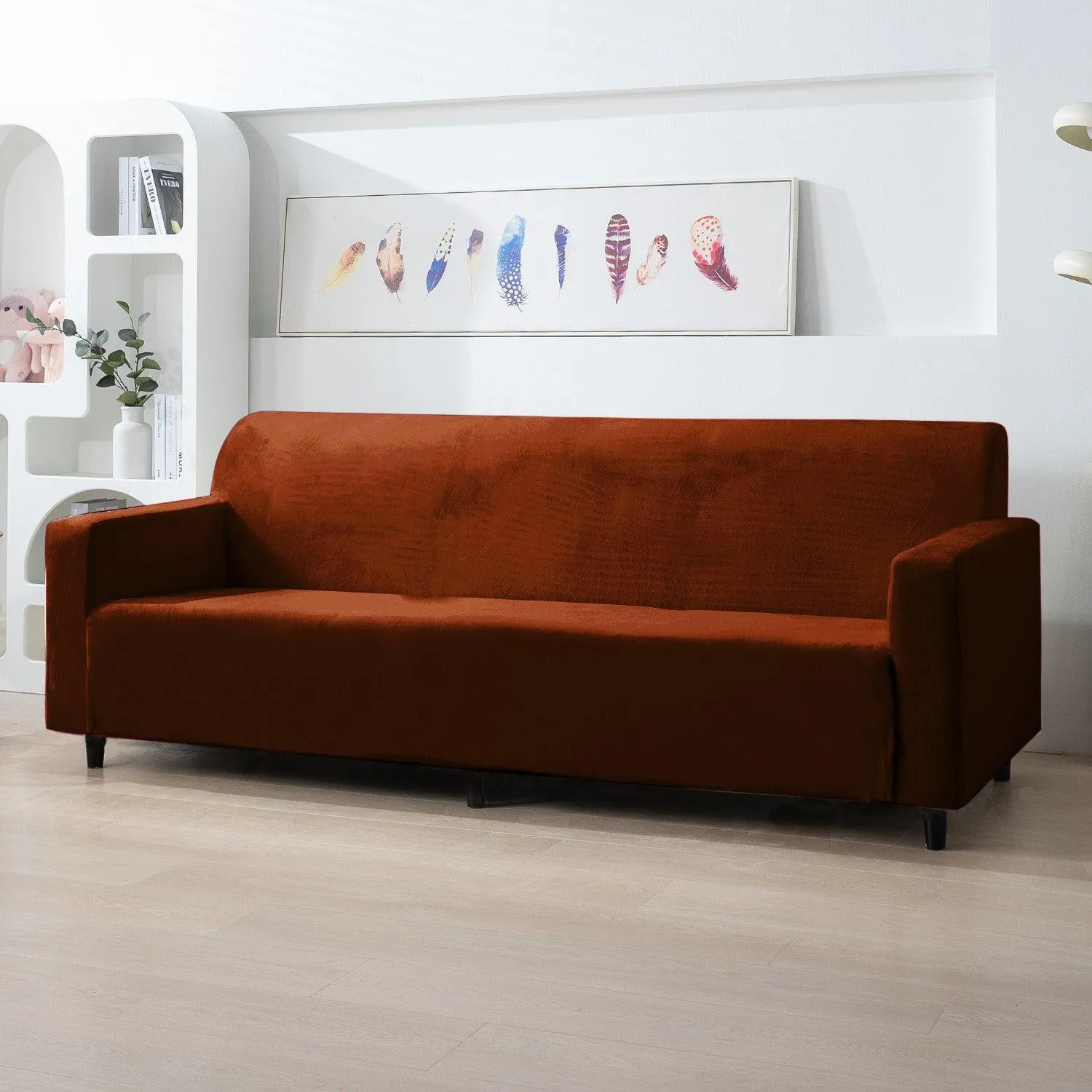 Elastic Stretchable Premium Velvet Sofa Cover, Rustic Brown