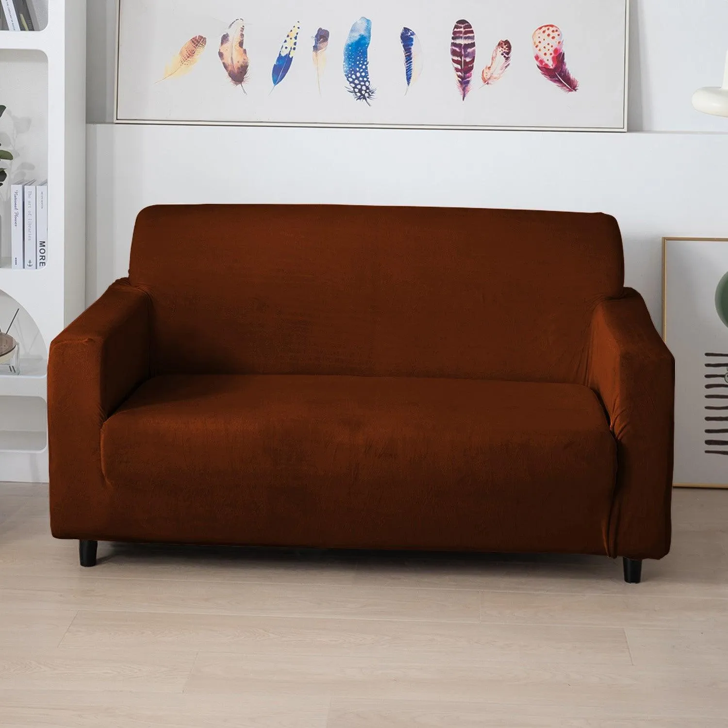 Elastic Stretchable Premium Velvet Sofa Cover, Rustic Brown
