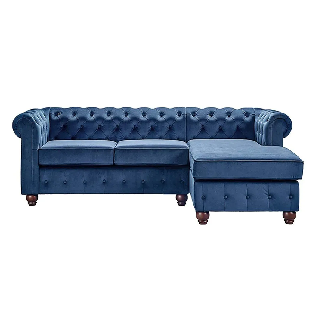 Eureka Solid Wood 4 Seater L Shape Fabric Chesterfield Sofa For Living - Blue
