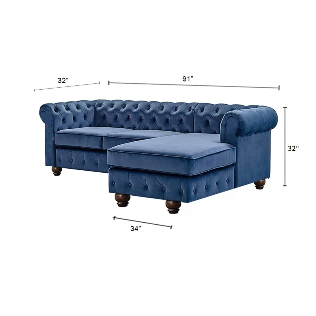 Eureka Solid Wood 4 Seater L Shape Fabric Chesterfield Sofa For Living - Blue