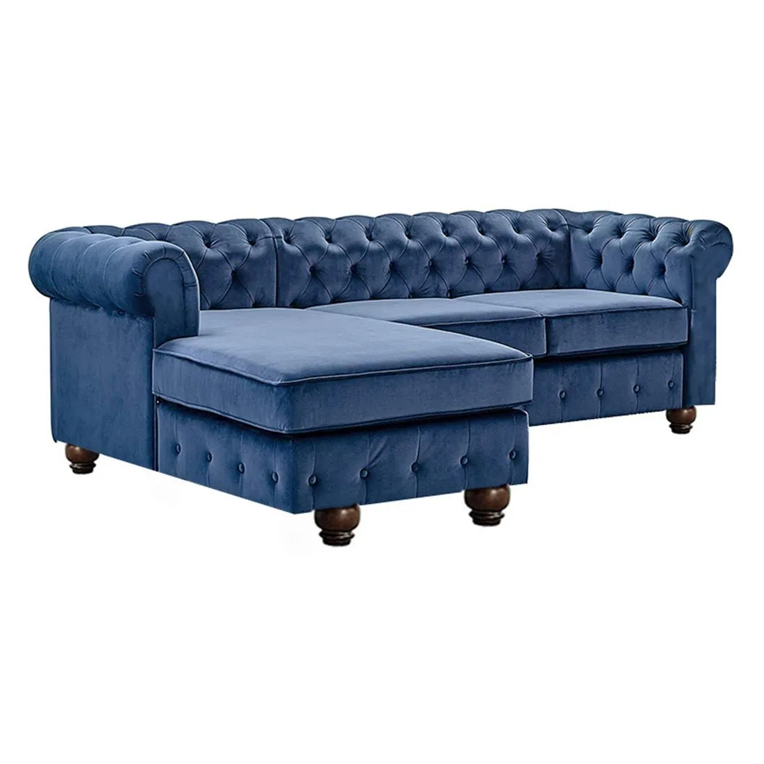 Eureka Solid Wood 4 Seater L Shape Fabric Chesterfield Sofa For Living - Blue