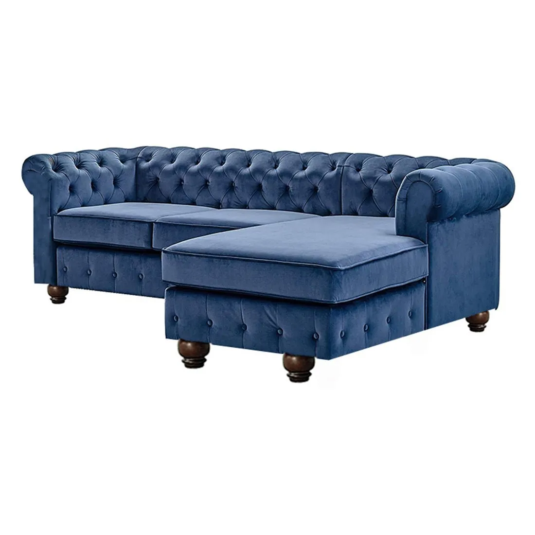 Eureka Solid Wood 4 Seater L Shape Fabric Chesterfield Sofa For Living - Blue