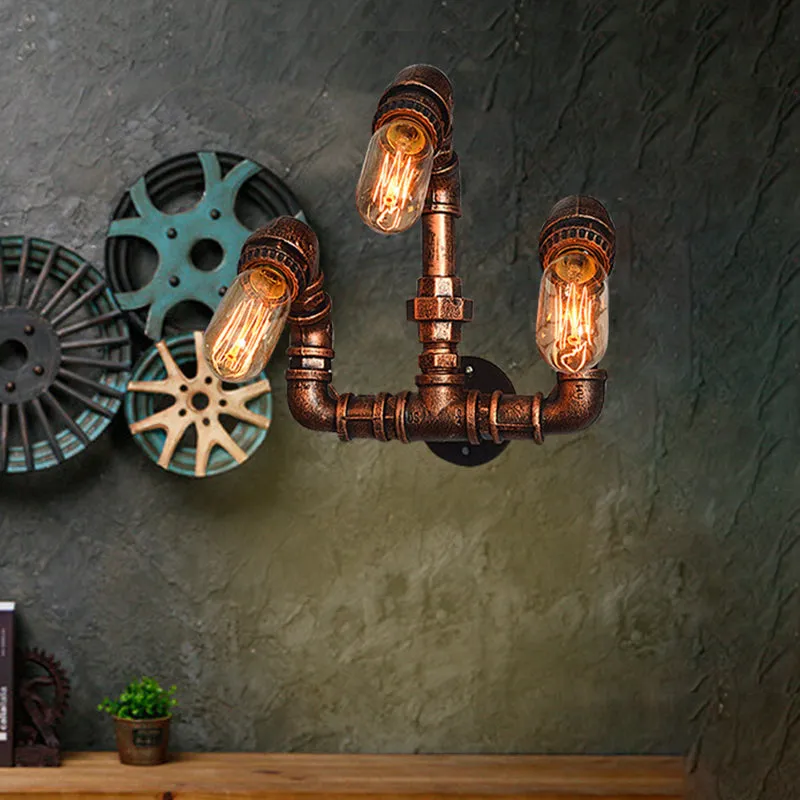 Farmhouse Rustic Metal Wall Sconce Lighting - Set of 3 Bulbs with Curved Arm Design, Ideal for Bars