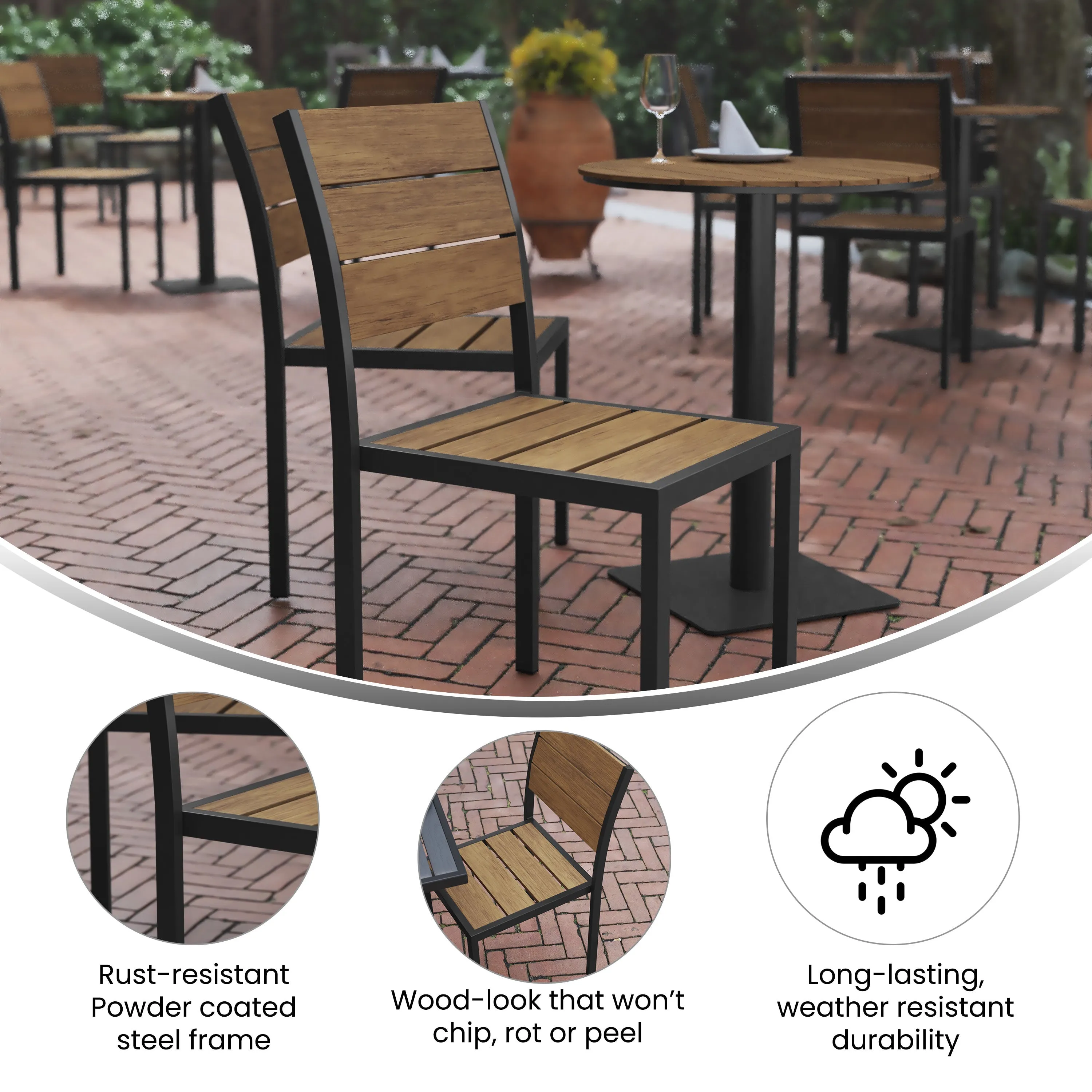 Finch Commercial Grade Armless Patio Chair, Stackable Side Chair with Faux Teak Poly Slats and Metal Frame