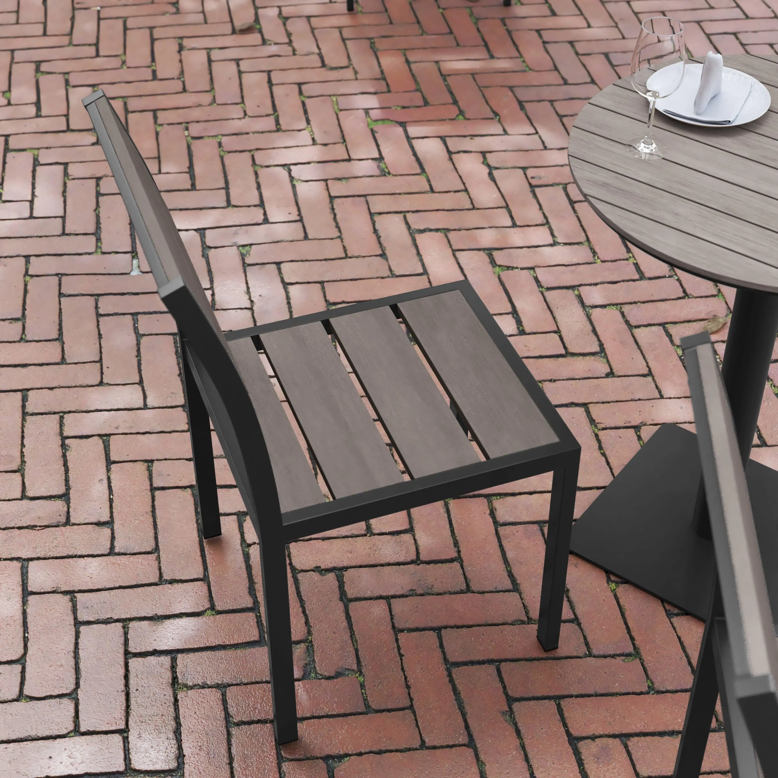 Finch Commercial Grade Armless Patio Chair, Stackable Side Chair with Faux Teak Poly Slats and Metal Frame