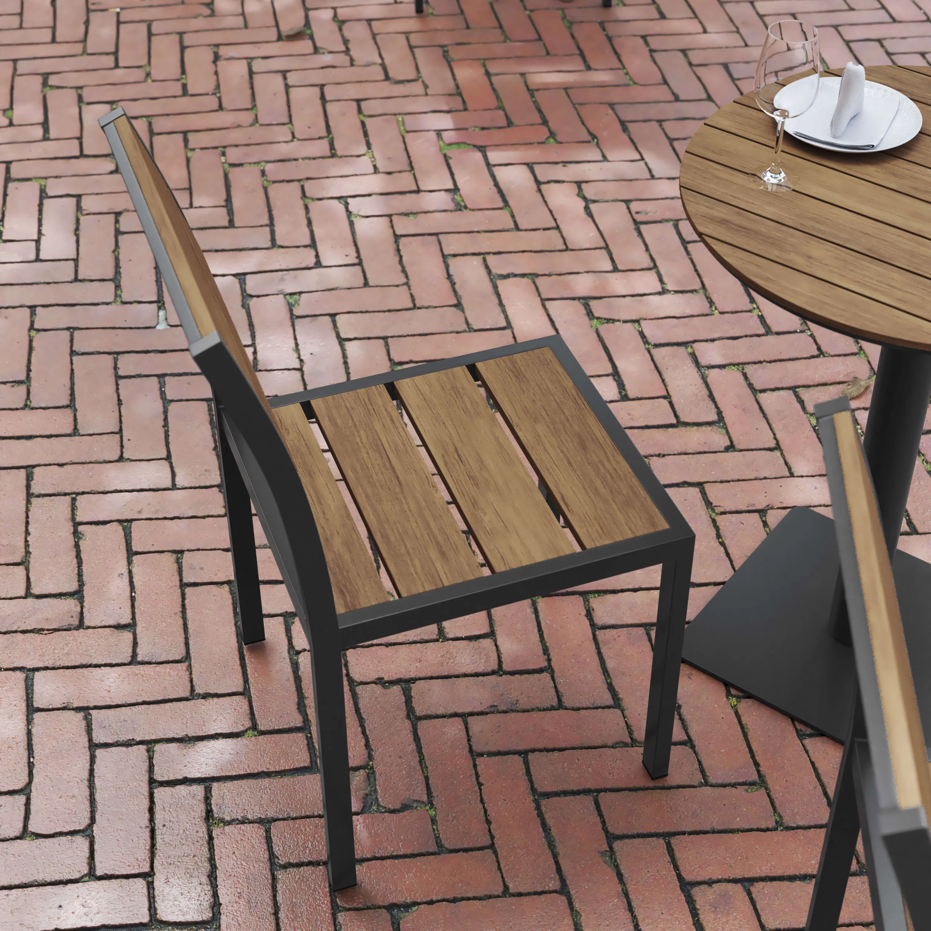 Finch Commercial Grade Armless Patio Chair, Stackable Side Chair with Faux Teak Poly Slats and Metal Frame